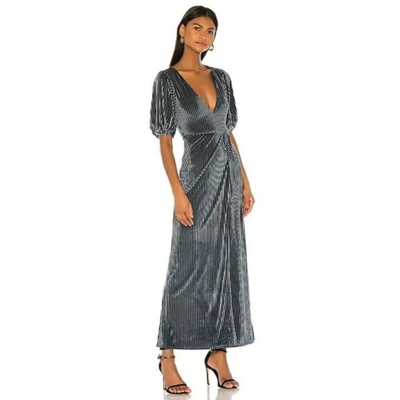Lovers & Friends Velvet Ribbed Puff Sleeve Front Slit Maxi Dress Blue size XS - Picture 2 of 10
